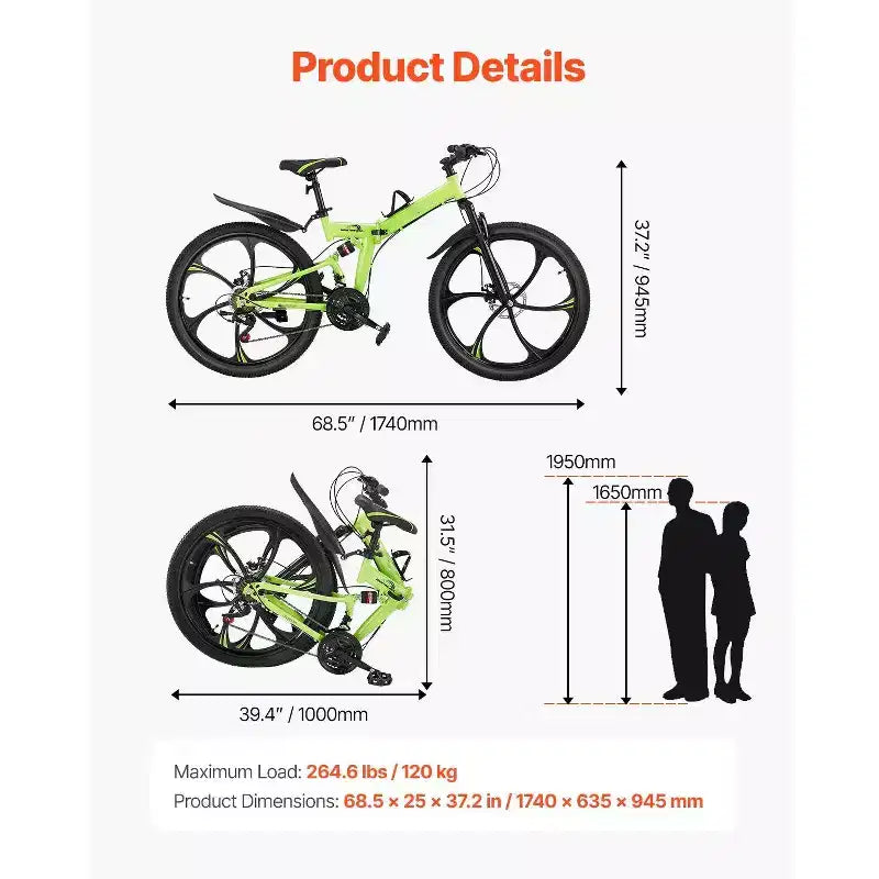 26 Folding Mountain Bike with Full Suspension, 21-Speed Drivetrain, Disc Brakes & High Carbon Steel Frame for Adult Men & Women