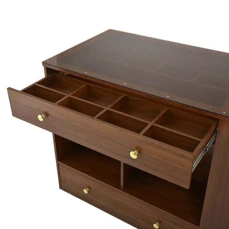 Closet Island with 6 Drawers, Glass Display Top & Open Shelves