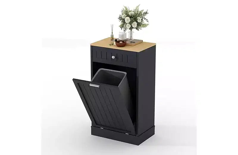 Poubelle et meuble de recyclage en bois COZONY avec tiroir dissimulé Support de poubelle de cuisine autoportant anti-animaux, design peu encombrant