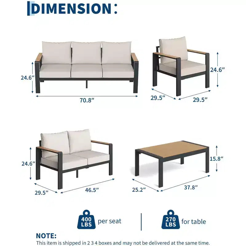 Aluminum Patio Furniture Set, Outdoor Sectional Sofa with 5 Thick Cushions, 4 Armrests & Coffee Table for Garden, Deck, Backyard