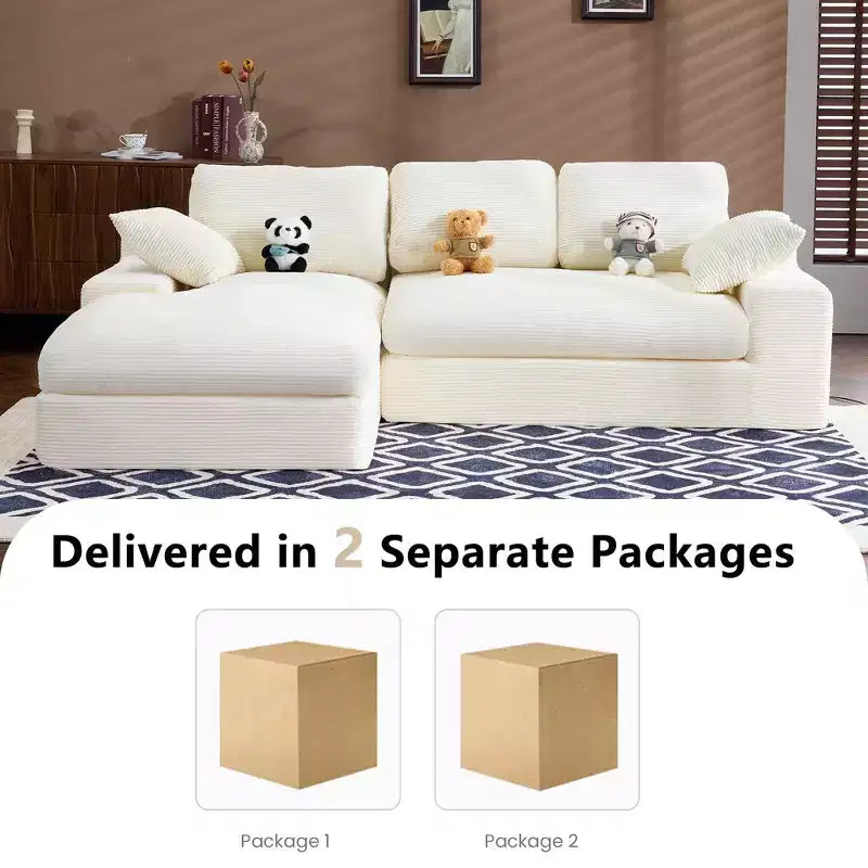Clihome Corduroy Compressed Sofa - Soft Skin-Friendly with 3 Back Cushions & 2 Throw Pillows