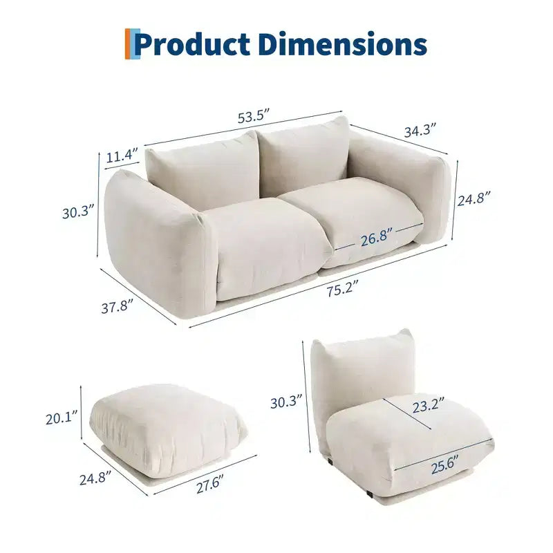 Canapé modulable deux places en tissu chenille, canapé nuage avec éponge haute résilience, canapé sans armature pour appartement, bureau