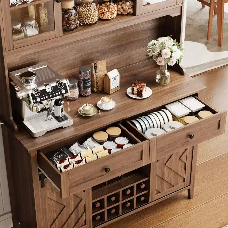 72 Farmhouse Bar Cabinet with Sliding Barn Door  Large Kitchen Buffet with Hutch, Charging Station, 2 Drawers & 8 Storage Shelves  Coffee