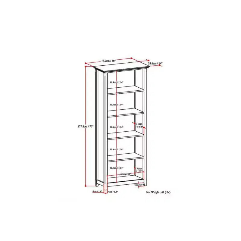 70 Five-Shelf Solid Wood Bookcase - Lacquered Pine, 4 Adjustable Shelves