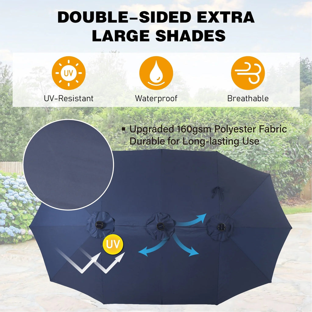 15-foot Rectangular Crank Double-sided Outdoor Market Umbrella Solar LED Lighted Patio Umbrella with Base Included