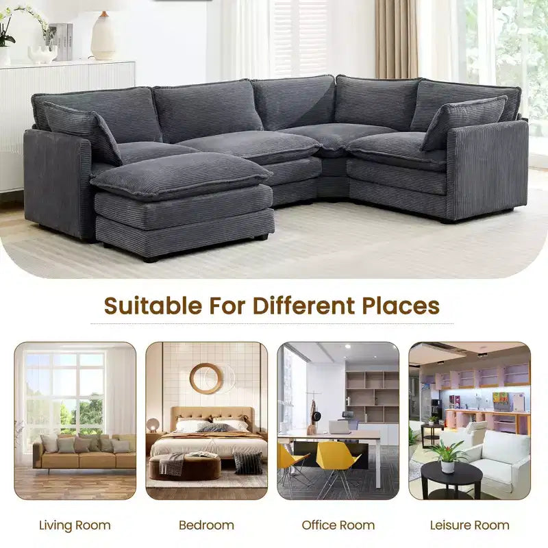 Modern 113.4D*79.13W Oversized Corduroy Modular 5-Seat Sectional Sofa Set with Ottoman U Shaped Sofa Couch with Corner Sofa,HYLEORY