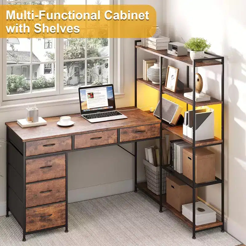 47 L-Shaped Computer Desk with 6 Drawers & 5-Tier Shelves, Reversible Corner Gaming Desk with LED Lights & Power Outlets