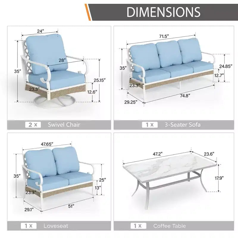 Captiva Designs Ensemble de conversation d'extérieur 5 pièces extra large en métal et rotin avec fauteuils pivotants à dossier en treillis et causeuse