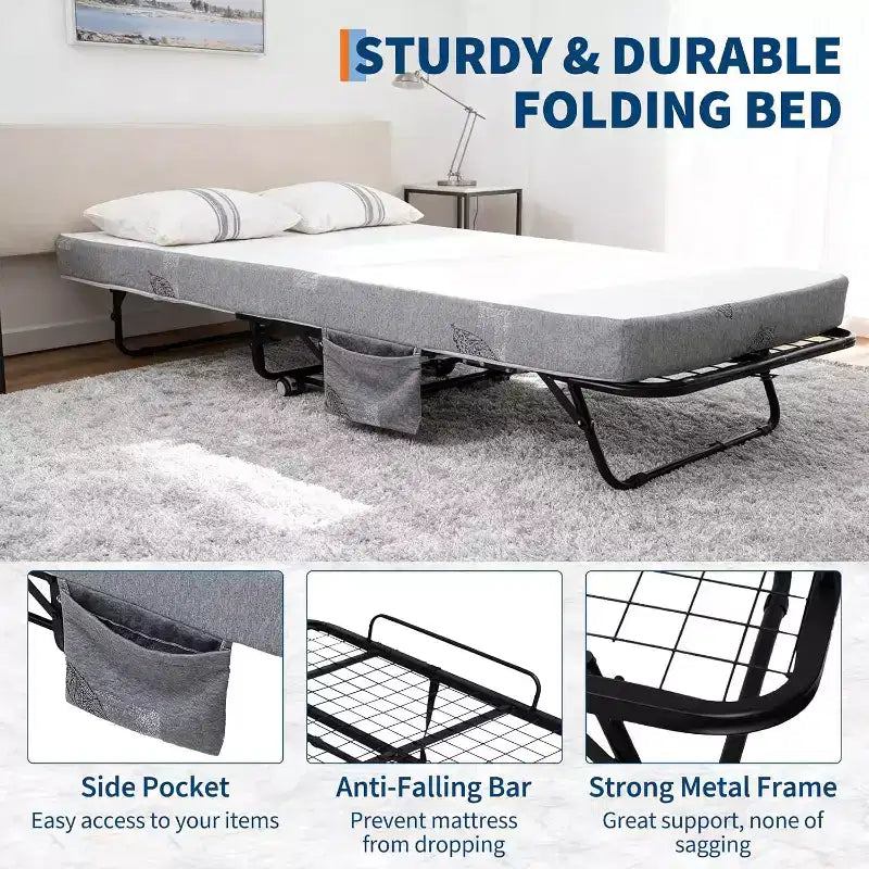 Lit pliant avec matelas pour adultes, lits d'appoint portables, lit pliant avec cadre en métal, matelas en mousse à mémoire de forme 5 et poche de rangement latérale