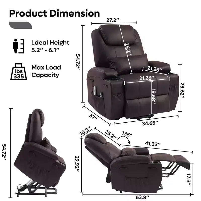 Bestier 34.6 Electric Power Lift Asist Recliner Chair with Massage and Heat, Fax Leather Reclining Chair with Side Pockets & Cup Holders