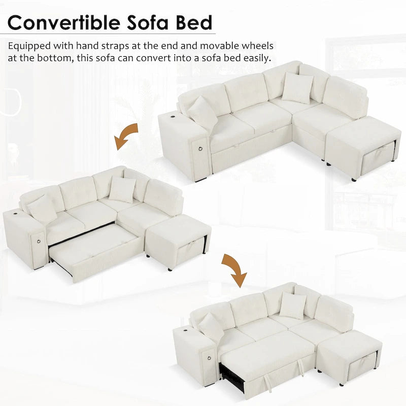 Canapé d'angle 4 places avec lit gigogne, pouf, ports USB et tablette rabattable