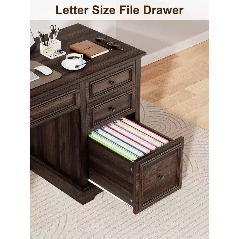 Dyonery 60 Farmhouse Executive Office Desk with Drawers and File Cabinet, Embossed Texture Wood Home Office Desk,Black/Brown/White and brown
