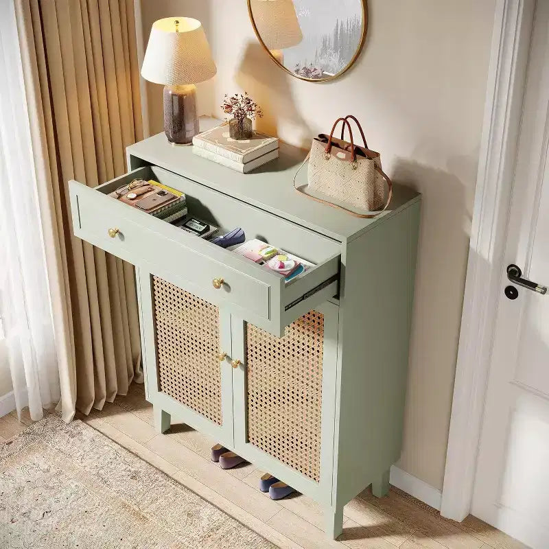 Lantine 6-Tier Modern Boho Shoe Cabinet with Doors, Drawer and Adjustable Shelf. Rattan design, mint green. Ideal for entryway, living room.