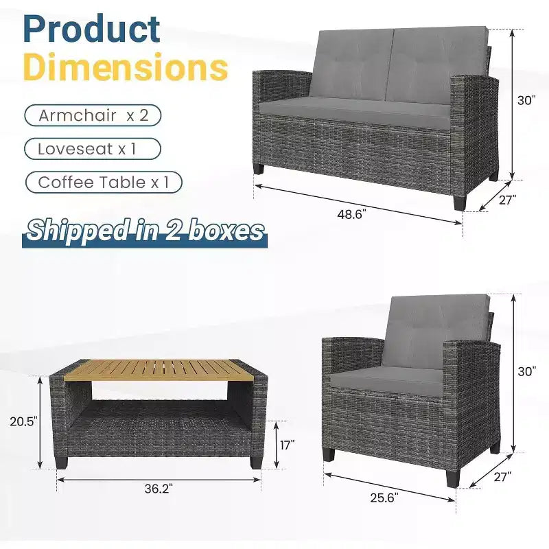 Heynemo 4-Piece Patio Furniture Set, All Weather Wicker Patio Conversation Seating Sets with 2-Tier Coffee Table, Outdoor Sofa Couch