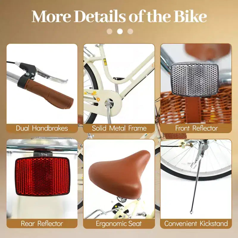 Gymax 24-Inch Beach Cruiser Bike w/Adjustable Seat Woven Basket & Rear Rack for City