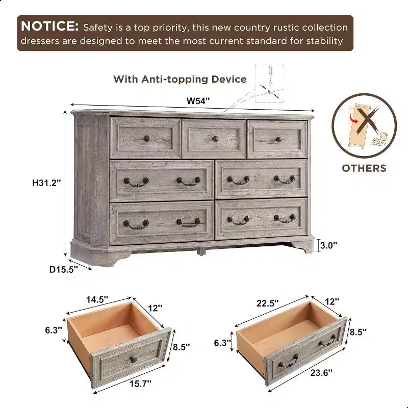 54 7-Drawer Dresser for Bedroom, Vintage Rustic Wide Chest of Drawers for Living Room & Hallway