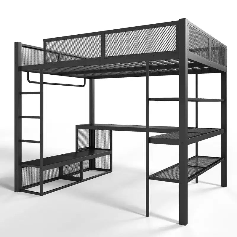 Bellemave Queen Metal Loft Bed with Desk, Storage Shelves & Hanging Rod, Space-Saving Loft Bed Frame with Guardrails & Ladder, No Box Spring, Black