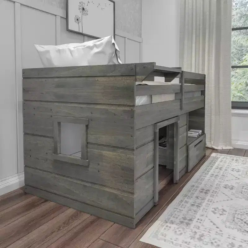 Max & Lily Modern Farmhouse Low Loft Bed with Storage Drawer, Solid Wood Bed for Kids