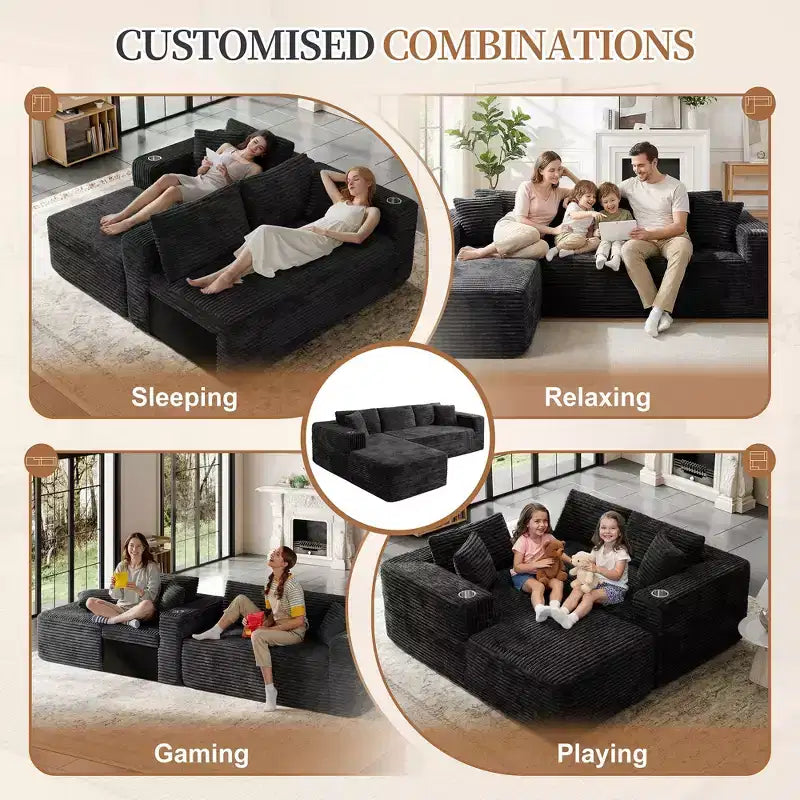 Celebalcony 103 Boneless Modular Sectional Sofa, L-Shaped Chaise with 2 Cup Holders, Plush Corduroy Cloud Couches for Living Room, No Assembly