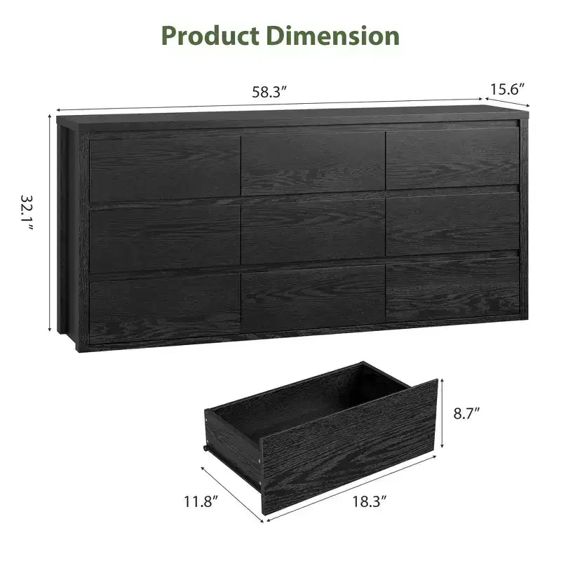 9 Drawer Dresser for Bedroom, Wide Modern Wooden Chest of Drawers with Large Storage, Wood Dresser Organizer for Living Room, Hallway, Entryway