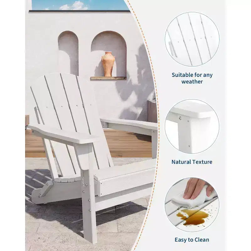 Folding Adirondack Chairs Set of 2 with Side Table, HDPE Plastic Wood Texture, 380lbs Capacity,Weather Resistant Outdoor Set for Patio, Deck,Fire Pit
