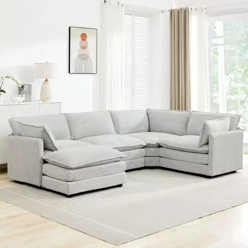 Modern 113.4D*79.13W Oversized Corduroy Modular 5-Seat Sectional Sofa Set with Ottoman U Shaped Sofa Couch with Corner Sofa,HYLEORY