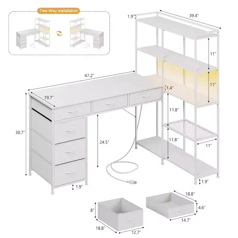 47 L-Shaped Computer Desk with 6 Drawers & 5-Tier Shelves, Reversible Corner Gaming Desk with LED Lights & Power Outlets