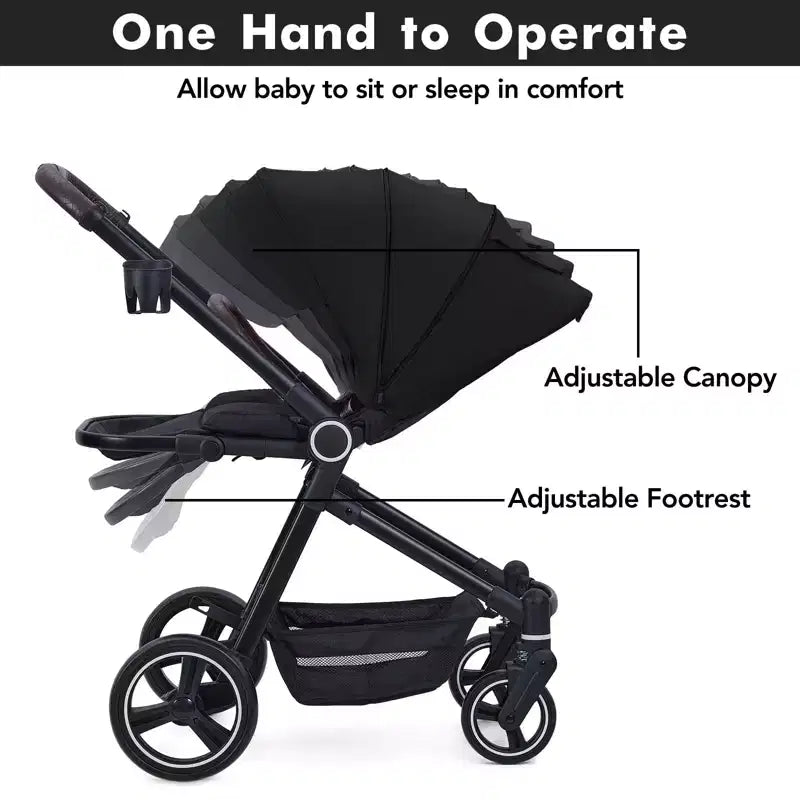 Baby Stroller, Foldable Stroller - High Landscape Pushchair for Newborn & Toddler, Convertible Pram with Reversible Backrest