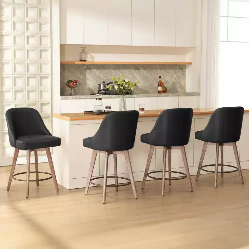 Lot de 4 tabourets de bar pivotants à hauteur de comptoir Bekrvio 26 po avec dossiers et pieds en bois, tabourets de bar rembourrés en tissu lin/similicuir pour îlot de cuisine