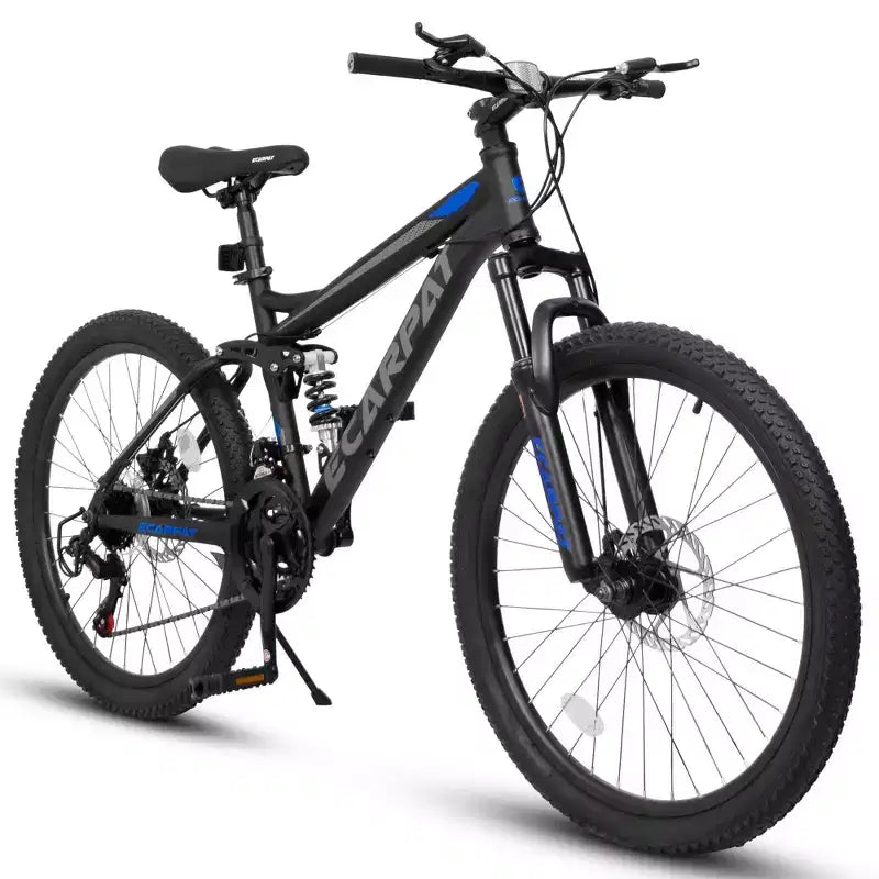 VTT Okak 24 pouces en acier au carbone avec suspension intégrale, vélo homme avec leviers de vitesses 21 vitesses et freins à disque, vélo pour enfants et adultes