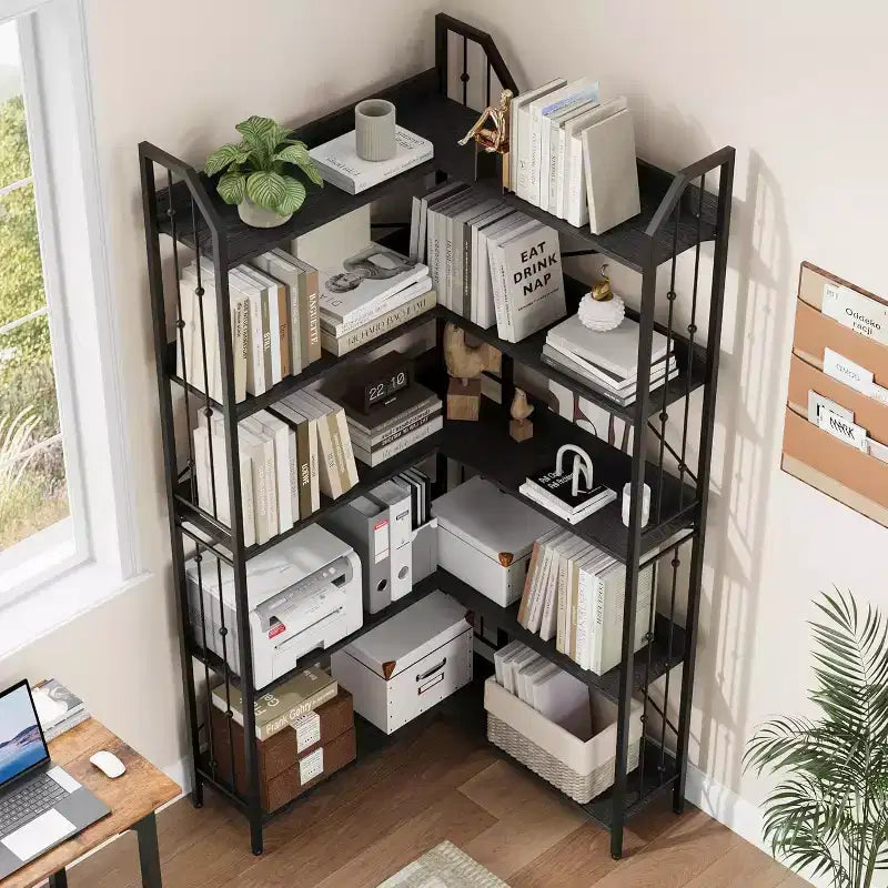 Étagère d'angle en forme de L, étagère d'angle de style industriel à cinq niveaux en forme de L avec perles décoratives, convient pour les salons