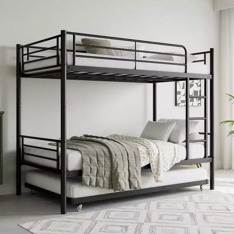 MAYEERTY Lit superposé noir en métal, taille double, avec lit gigogne, échelle, barrière de sécurité pleine longueur, sans bruit, pas besoin de sommier tapissier