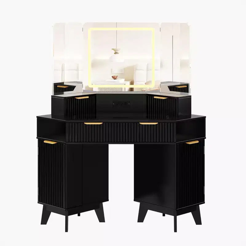 47 Corner Makeup Vanity Desk with Mirror and Light, Wooden Dressing Table with Glass Top & Charging Station, Makeup Vanity Table for Bedroom