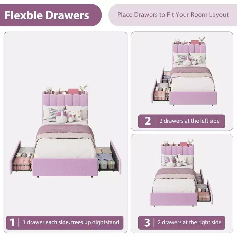 Bed frame with storage headboard, childrens bed frame with 2 drawers, fabric upholstered platform bed, contoured headboard with bookshelf