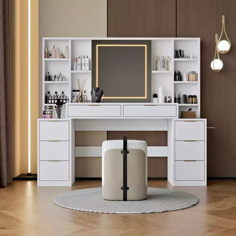 Coiffeuse de 59 pouces avec miroir lumineux, 8 tiroirs, étagères ouvertes pour chambre de fille, éclairage réglable, design peu encombrant