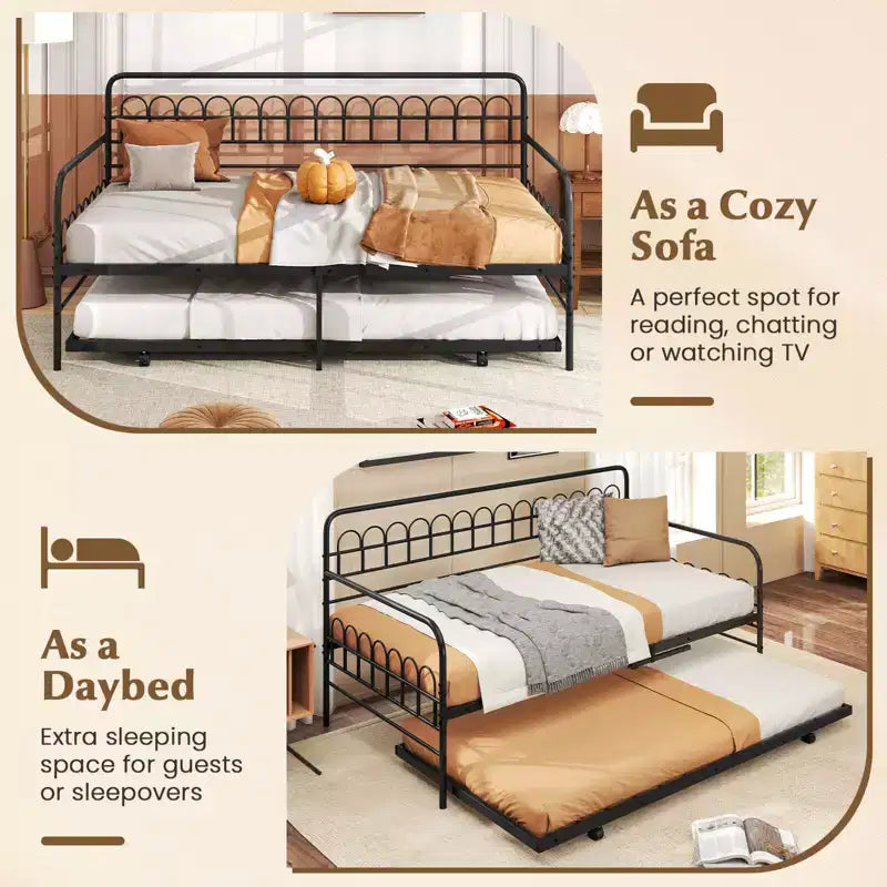 Costway Twin Daybed with Trundle Curved Backrest & Armrests Heavy-duty Metal Slats Black/Gold