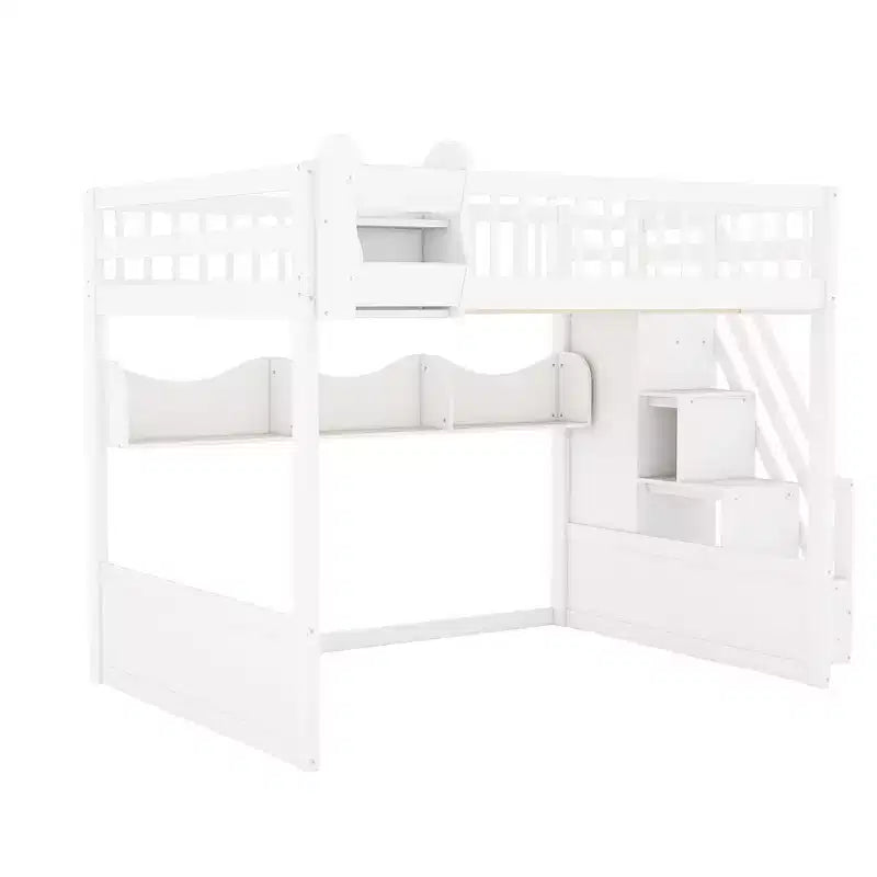 Queen Loft Bed Frame with Staircase, Wardrobe & Storage Shelves - MDF, 650 lb