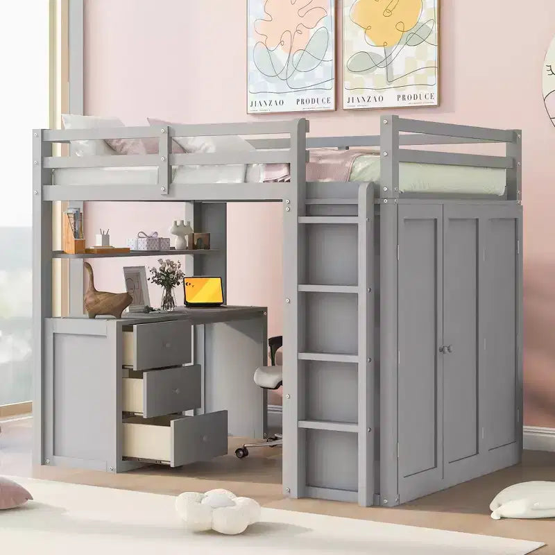CLIHOME Full size Loft Bed with 3 Storage Drawers, Desk and Wardrobe
