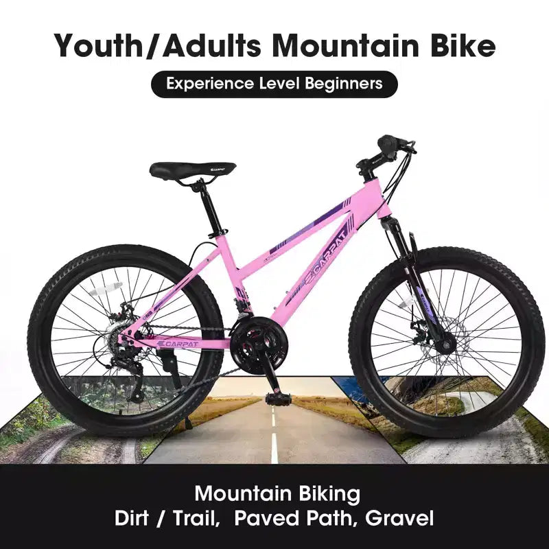 Okak 24/26IN Mountain Bike with 21 Speeds and Dual Disc Brakes, Kids Bike with 100mm Front Suspension, Dirt Bike for Teenagers and Women
