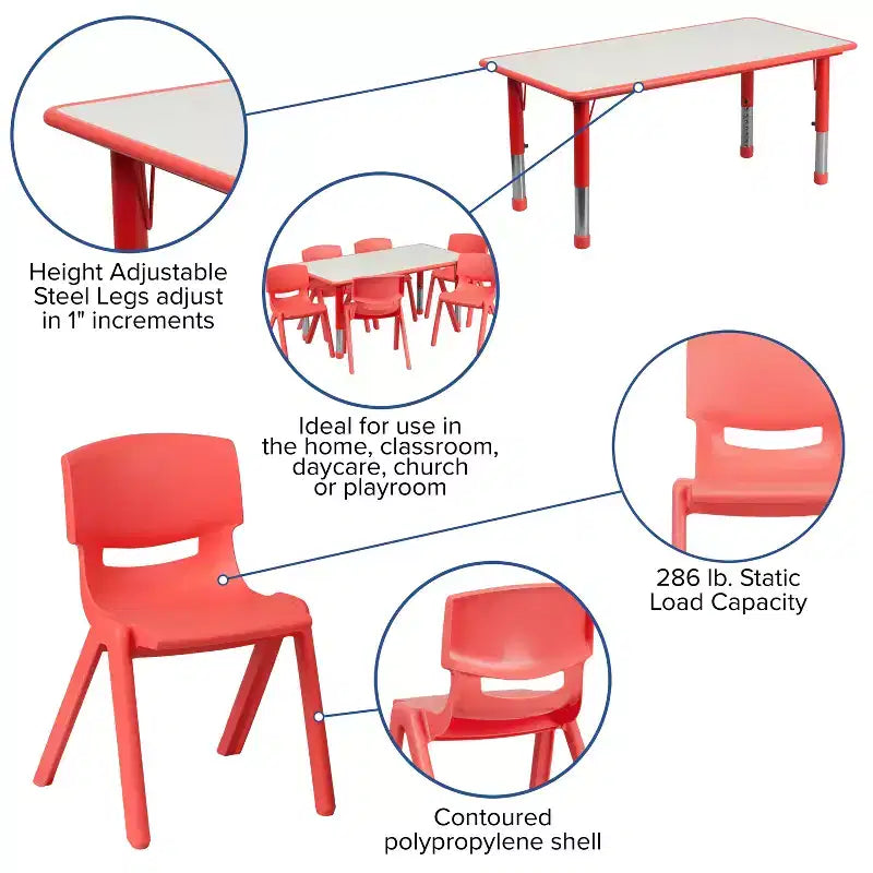 Emma and Oliver 23.625W x 47.25L Rectangular Plastic Height Adjustable Activity Table Set with 6 Chairs