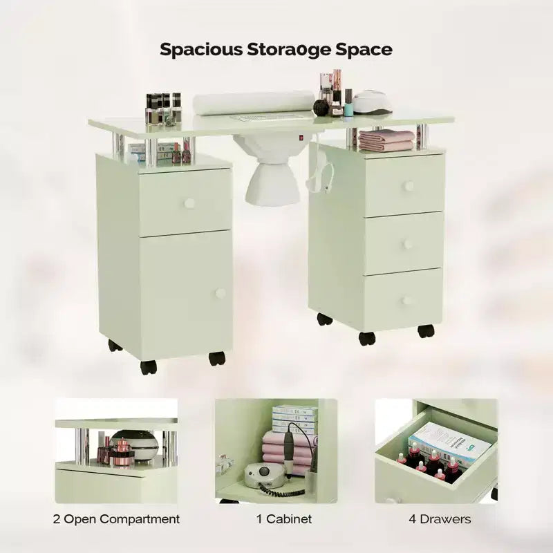 42.5 in. White MDF 3-Drawer Manicure Table Nail Desk with Storage, Doors, Electric Dust Collector