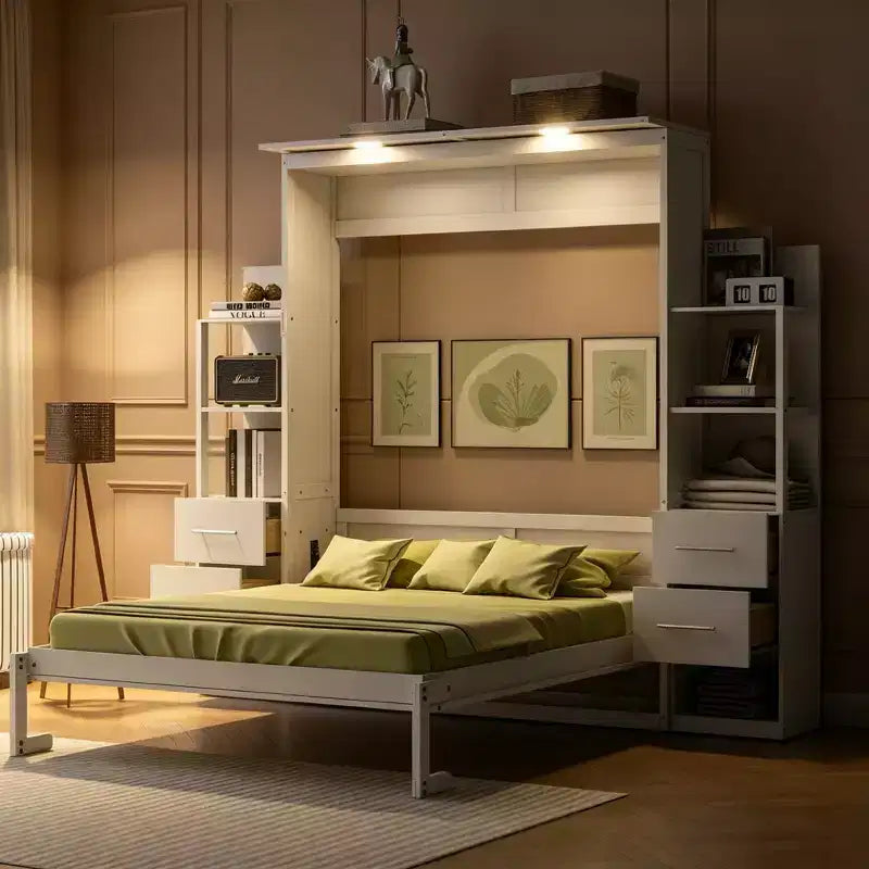 Luxystar Queen Murphy Bed with Storage Shelves, 4 Drawers and Lights