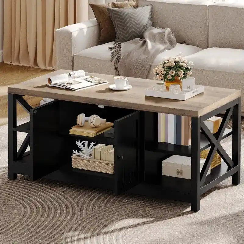 Farmhouse Wood Accent Coffee Table with Large Storage Shelf