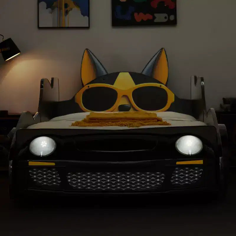GDFStudio Fauna Twin Size Modern Cartoon Racing Car Bed with LED Headlights