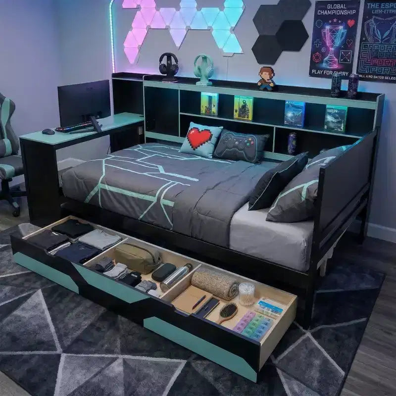 Gamer Hub Daybed with Desk, RGB Lights, Charging Station, Storage Drawers & Bookcase Headboard