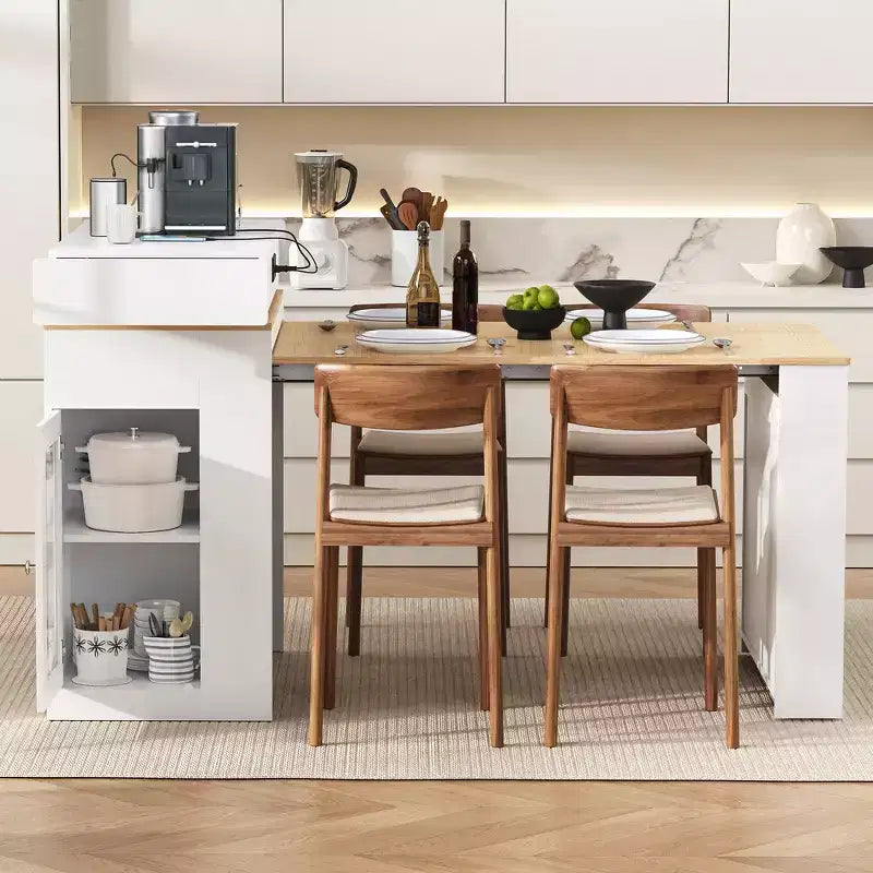 Whisen Extendable Dining Table, Mobile Rolling Island Table with 3 Removable Middle Leaves, Storage Cabinet