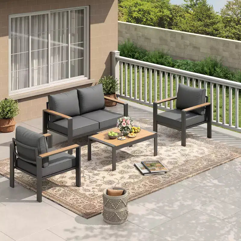 Aluminum Patio Furniture Set, Outdoor Sectional Sofa with 5 Thick Cushions, 4 Armrests & Coffee Table for Garden, Deck, Backyard