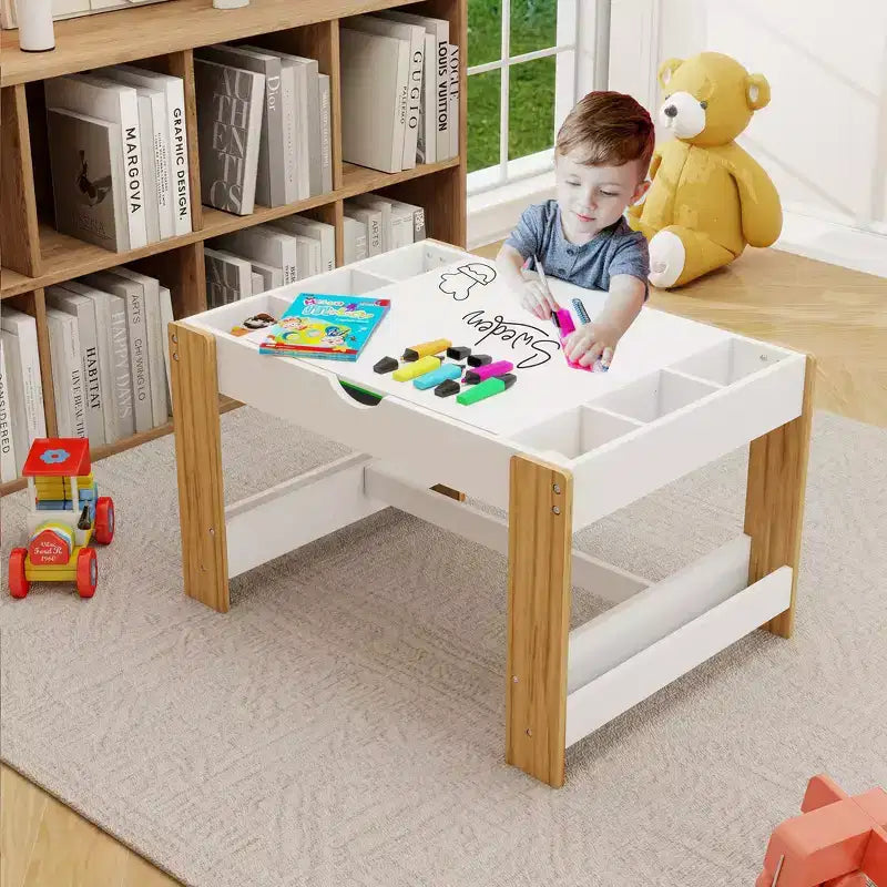 Kids 2-in-1 Activity Play Table with 7 Storage Compartments - LEGO Compatible Building Block & Whiteboard Table, White & Green
