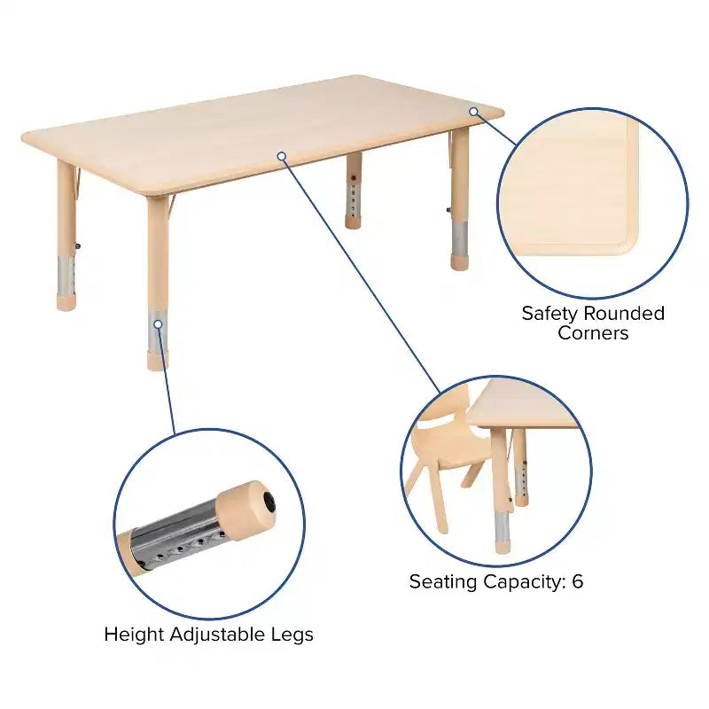 Emma and Oliver 23.625W x 47.25L Rectangular Plastic Height Adjustable Activity Table Set with 6 Chairs
