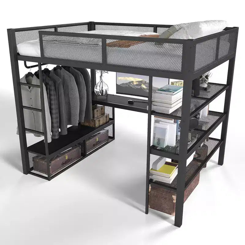 Bellemave Queen Metal Loft Bed with Desk, Storage Shelves & Hanging Rod, Space-Saving Loft Bed Frame with Guardrails & Ladder, No Box Spring, Black